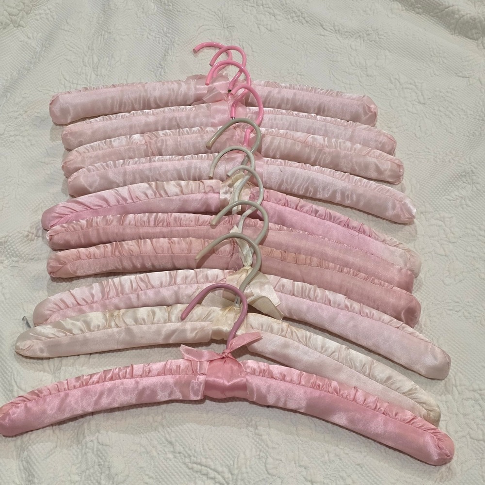 Vtg Pink Satin Padded Hangers Set 10 Coquette Lingerie Closet Storage READ FLAWS